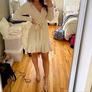 Beige ribbed knit sweater dress with belt